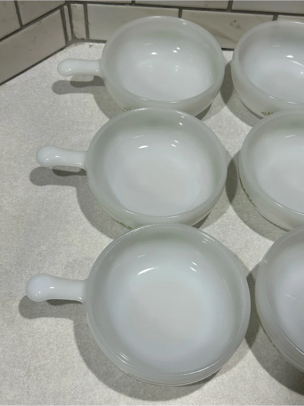 6 -Glasbake Milk Glass Handled Soup Bowl Green Daisy Floral J-2639 MCM USA VTG